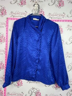 CHORUS LINE vintage blouse dots Women's Royal Blue Satin Button-Down Blouse